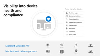Device information detection:
Malicious Apps
Device manipulation
Network exploits
Data privacy violations
Device health
Encryption
OS version
Email profile
Microsoft Defender ATP
Mobile threat defense partners
Visibility into device
health and
compliance
 