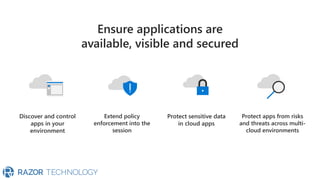 Discover and control
apps in your
environment
Extend policy
enforcement into the
session
Protect sensitive data
in cloud apps
Protect apps from risks
and threats across multi-
cloud environments
Ensure applications are
available, visible and secured
 