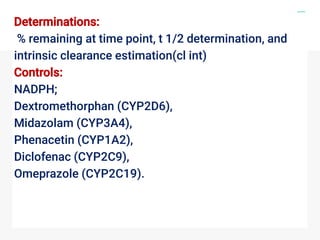 Determinations:
% remaining at time point, t 1/2 determination, and
intrinsic clearance estimation(cl int)
Controls:
NADPH;
Dextromethorphan (CYP2D6),
Midazolam (CYP3A4),
Phenacetin (CYP1A2),
Diclofenac (CYP2C9),
Omeprazole (CYP2C19).
 