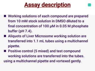 Assay description



Working solutions of each compound are prepared
from 10 mM stock solution in DMSO diluted to a
ﬁnal concentration of 100 μM in 0.05 M phosphate
buffer (pH 7.4).
Aliquots of Liver Microsome working solution are
transferred into 1.1 mL tubes using a multichannel
pipette.
Positive control (5 mixed) and test compound
working solutions are transferred into the tubes.
using a multichannel pipette and vortexed gently.
 