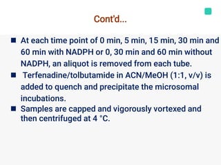 Cont'd...



At each time point of 0 min, 5 min, 15 min, 30 min and
60 min with NADPH or 0, 30 min and 60 min without
NADPH, an aliquot is removed from each tube.
Terfenadine/tolbutamide in ACN/MeOH (1:1, v/v) is
added to quench and precipitate the microsomal
incubations.
Samples are capped and vigorously vortexed and
then centrifuged at 4 °C.
 