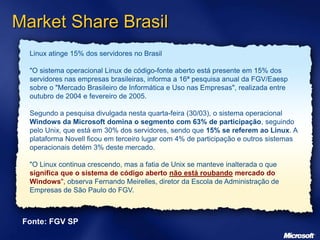 Linux atinge 15% dos servidores no Brasil
"O sistema operacional Linux de código-fonte aberto está presente em 15% dos
servidores nas empresas brasileiras, informa a 16ª pesquisa anual da FGV/Eaesp
sobre o "Mercado Brasileiro de Informática e Uso nas Empresas", realizada entre
outubro de 2004 e fevereiro de 2005.
Segundo a pesquisa divulgada nesta quarta-feira (30/03), o sistema operacional
Windows da Microsoft domina o segmento com 63% de participação, seguindo
pelo Unix, que está em 30% dos servidores, sendo que 15% se referem ao Linux. A
plataforma Novell ficou em terceiro lugar com 4% de participação e outros sistemas
operacionais detém 3% deste mercado.
"O Linux continua crescendo, mas a fatia de Unix se manteve inalterada o que
significa que o sistema de código aberto não está roubando mercado do
Windows", observa Fernando Meirelles, diretor da Escola de Administração de
Empresas de São Paulo do FGV.
Market Share Brasil
Fonte: FGV SP
 