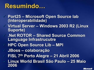 Resumindo…
 Port25 – Microsoft Open Source lab
(Interoperabilidade)
 Virtual Server – Windows 2003 R2 (Linux
Suporte)
 .Net ROTOR – Shared Source Common
Language Infrastrucutre
 HPC Open Source Lib – MPI
 JBoss – colaboração
 FISL 7th Porto Alegre – 21 Abril 2006
 Linux World Brasil São Paulo – 25 Maio
2006
 