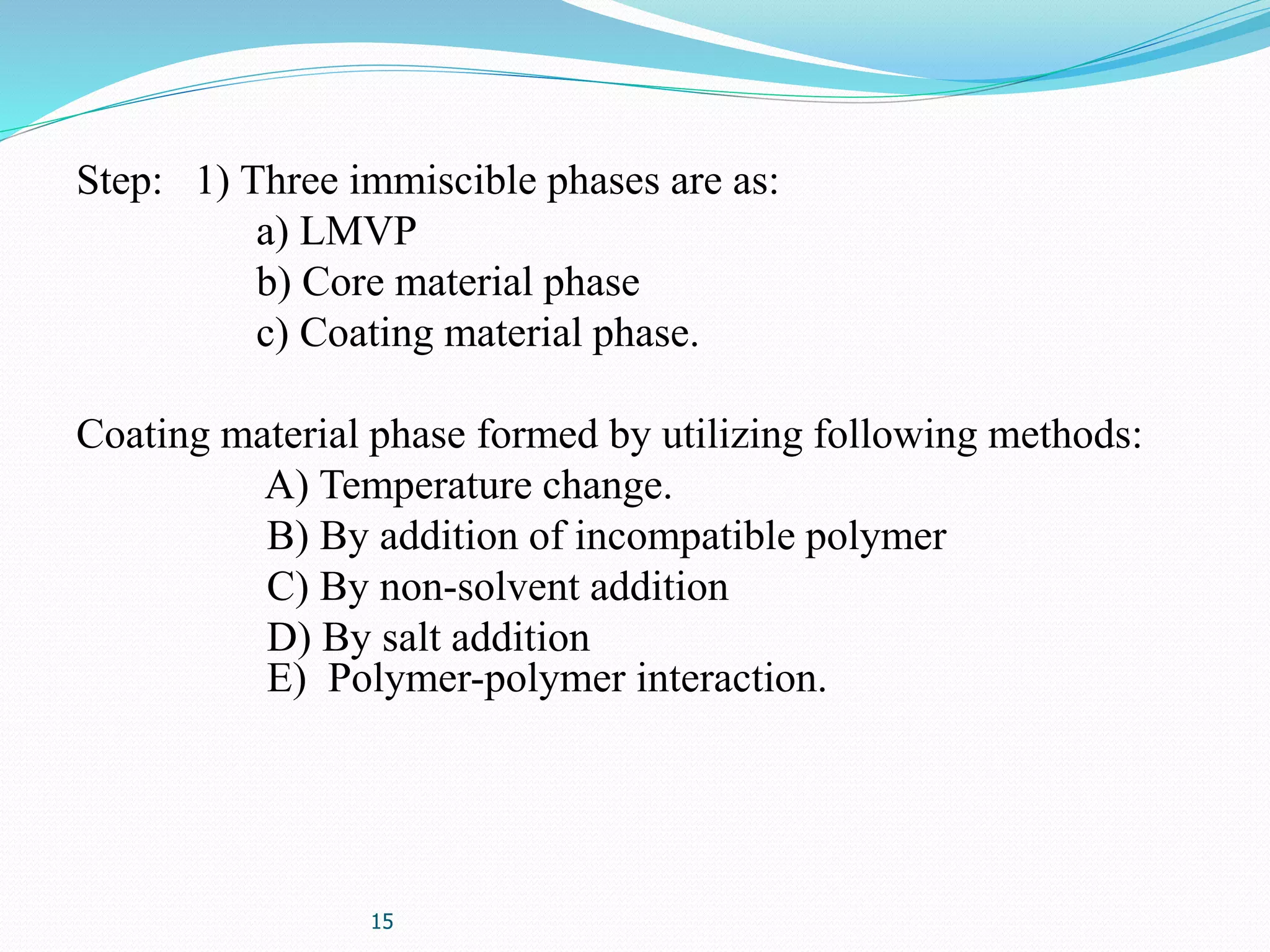 15
Step: 1) Three immiscible phases are as:
a) LMVP
b) Core material phase
c) Coating material phase.
Coating material phase formed by utilizing following methods:
A) Temperature change.
B) By addition of incompatible polymer
C) By non-solvent addition
D) By salt addition
E) Polymer-polymer interaction.
 