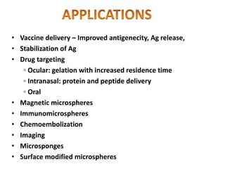 • Vaccine delivery – Improved antigenecity, Ag release,
• Stabilization of Ag
• Drug targeting
◦ Ocular: gelation with increased residence time
◦ Intranasal: protein and peptide delivery
◦ Oral
• Magnetic microspheres
• Immunomicrospheres
• Chemoembolization
• Imaging
• Microsponges
• Surface modified microspheres
 