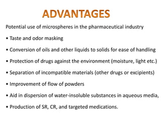 Potential use of microspheres in the pharmaceutical industry
• Taste and odor masking
• Conversion of oils and other liquids to solids for ease of handling
• Protection of drugs against the environment (moisture, light etc.)
• Separation of incompatible materials (other drugs or excipients)
• Improvement of flow of powders
• Aid in dispersion of water-insoluble substances in aqueous media,
• Production of SR, CR, and targeted medications.
 