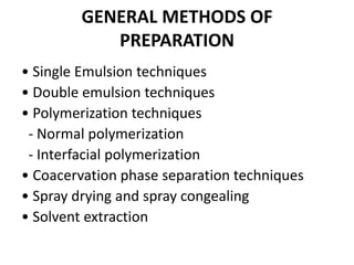 GENERAL METHODS OF
PREPARATION
• Single Emulsion techniques
• Double emulsion techniques
• Polymerization techniques
- Normal polymerization
- Interfacial polymerization
• Coacervation phase separation techniques
• Spray drying and spray congealing
• Solvent extraction
 