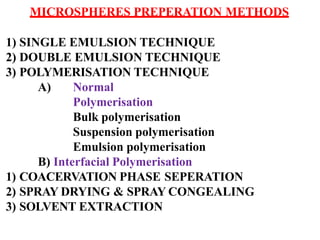 MICROSPHERES PREPERATION METHODS
1) SINGLE EMULSION TECHNIQUE
2) DOUBLE EMULSION TECHNIQUE
3) POLYMERISATION TECHNIQUE
A) Normal
Polymerisation
Bulk polymerisation
Suspension polymerisation
Emulsion polymerisation
B) Interfacial Polymerisation
1) COACERVATION PHASE SEPERATION
2) SPRAY DRYING & SPRAY CONGEALING
3) SOLVENT EXTRACTION
 