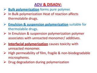 ADV & DISADV:
 Bulk polymerization forms pure polymer.
 In Bulk polymerization Heat of reaction affects
thermolabile drugs.
 Emulsion & suspension polymerization suitable for
thermolabile drugs.
 In Emulsion & suspension polymerization polymer
associates with unreacted monomer/ additives.
 Interfacial polymerization causes toxicity with
unreacted monomer.
 High permeability of film, fragile & non-biodegradable
microspheres.
 Drug degradation during polymerization
 