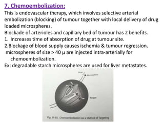 7. Chemoembolization:
This is endovascular therapy, which involves selective arterial
embolization (blocking) of tumour together with local delivery of drug
loaded microspheres.
Blockade of arterioles and capillary bed of tumour has 2 benefits.
1. Increases time of absorption of drug at tumour site.
2.Blockage of blood supply causes ischemia & tumour regression.
microspheres of size > 40 µ are injected intra-arterially for
chemoembolization.
Ex: degradable starch microspheres are used for liver metastates.
 