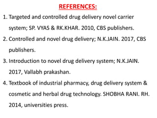 REFERENCES:
1. Targeted and controlled drug delivery novel carrier
system; SP. VYAS & RK.KHAR. 2010, CBS publishers.
2. Controlled and novel drug delivery; N.K.JAIN. 2017, CBS
publishers.
3. Introduction to novel drug delivery system; N.K.JAIN.
2017, Vallabh prakashan.
4. Textbook of industrial pharmacy, drug delivery system &
cosmetic and herbal drug technology. SHOBHA RANI. RH.
2014, universities press.
 