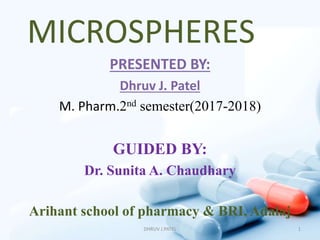 MICROSPHERES
PRESENTED BY:
Dhruv J. Patel
M. Pharm.2nd semester(2017-2018)
GUIDED BY:
Dr. Sunita A. Chaudhary
Arihant school of pharmacy & BRI, Adalaj
DHRUV J.PATEL 1
 