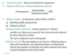 6. Isoelectric point : Micro electrophoresis apparatus. 
7. Capture efficiency or drug entrapment capacity : 
Actual conte...