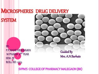 MICROSPHERES DRUG DELIVERY
SYSTEM
GuidedBy
Mrs. A.N.Barhate
SVPM’S COLLEGEOF PHARMACYMALEGAON (BK)
1
 