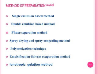  Single emulsion based method
 Double emulsion based method
 Phase seperation method
 Spray drying and spray congealing method
 Polymerization technique
 Emulsification-Solvent evaporation method
 Ionotropic gelation method 13
 