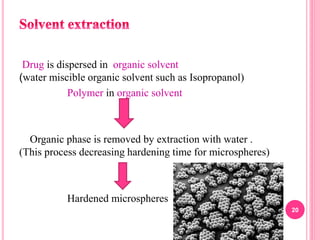 Drug is dispersed in organic solvent
(water miscible organic solvent such as Isopropanol)
Polymer in organic solvent
Organic phase is removed by extraction with water .
(This process decreasing hardening time for microspheres)
Hardened microspheres
20
 