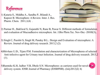 1) Kataria S., Middha A., Sandhu P., Bilandi A.,
Kapoor B. Microsphere: A Review. Inter. J. Res.
Pharm. Chem. 2011,1(4) .
2) Parmar H., Bakliwal S, Gujarathi N, Rane B, Pawar S. Different methods of formulation
and evaluation of Mucoadhesive microsphere. Int. J.Bio Phrm.Tec. Nov-Dec -2010I(3),.
3) Singh C, Purohit S, Singh M, Pandey B.L.. Design and Evaluation of microsphere: A
Review. Journal of drug delivery research. 2013,2 (2).
4)Shivhare U.D., Tijare P.M. Formulation and characterization of Microspheres of selected
Anti-infective agent for Urinary tract Infection. Journal of drug delivery research. 2013,2
(1).
5)Ramteke K.H, Jadhav V.B, Dhole S.N. Microspheres: as carrieres used for novel drug
delivery system. IOSR Journal of Pharmacy (IOSRPHR). (July2012)2( 4)
28
 