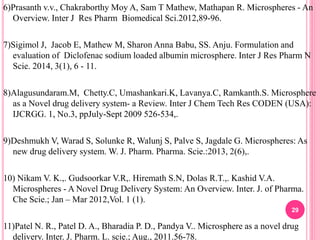 6)Prasanth v.v., Chakraborthy Moy A, Sam T Mathew, Mathapan R. Microspheres - An
Overview. Inter J Res Pharm Biomedical Sci.2012,89-96.
7)Sigimol J, Jacob E, Mathew M, Sharon Anna Babu, SS. Anju. Formulation and
evaluation of Diclofenac sodium loaded albumin microsphere. Inter J Res Pharm N
Scie. 2014, 3(1), 6 - 11.
8)Alagusundaram.M, Chetty.C, Umashankari.K, Lavanya.C, Ramkanth.S. Microsphere
as a Novel drug delivery system- a Review. Inter J Chem Tech Res CODEN (USA):
IJCRGG. 1, No.3, ppJuly-Sept 2009 526-534,.
9)Deshmukh V, Warad S, Solunke R, Walunj S, Palve S, Jagdale G. Microspheres: As
new drug delivery system. W. J. Pharm. Pharma. Scie.:2013, 2(6),.
10) Nikam V. K.,. Gudsoorkar V.R,. Hiremath S.N, Dolas R.T.,. Kashid V.A.
Microspheres - A Novel Drug Delivery System: An Overview. Inter. J. of Pharma.
Che Scie.; Jan – Mar 2012,Vol. 1 (1).
11)Patel N. R., Patel D. A., Bharadia P. D., Pandya V.. Microsphere as a novel drug
delivery. Inter. J. Pharm. L. scie.; Aug., 2011.56-78.
29
 
