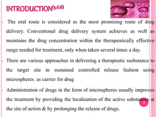 • The oral route is considered as the most promising route of drug
delivery. Conventional drug delivery system achieves as well as
maintains the drug concentration within the therapeutically effective
range needed for treatment, only when taken several times a day.
• There are various approaches in delivering a therapeutic susbstance to
the target site in sustained controlled release fashion using
microspheres as carrier for drug
• Administration of drugs in the form of microspheres usually improves
the treatment by providing the localization of the active substances at
the site of action & by prolonging the release of drugs.
3
 