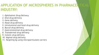 1. Ophthalmic Drug Delivery
2. Oral drug delivery
3. Gene delivery
4. Nasal drug delivery
5. Intratumoral and local drug delivery
6. Buccal drug delivery
7. Gastrointestinal drug delivery
8. Transdermal drug delivery
9. Colonic drug delivery
10. Vaginal drug delivery
11. Targeting by using microparticulate carriers
APPLICATION OF MICROSPHERES IN PHARMACEUTICAL
INDUSTRY:
 