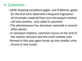 → Cytomixis:
- while studying oenothera gigas and O.blennis ,gates
for the first time observed a frequent migrastion
of chromatic material from one microspore mother
cell into another, and called it cytomixis.
- This phenomenon has also been reported in several
other plants.
- In coreopsis tripteris, cytomixis occurs at the end of
the meiotic divisions but the multi nuleate cells
formed in this way again break up into smaller units
of one or two nuclei.
 