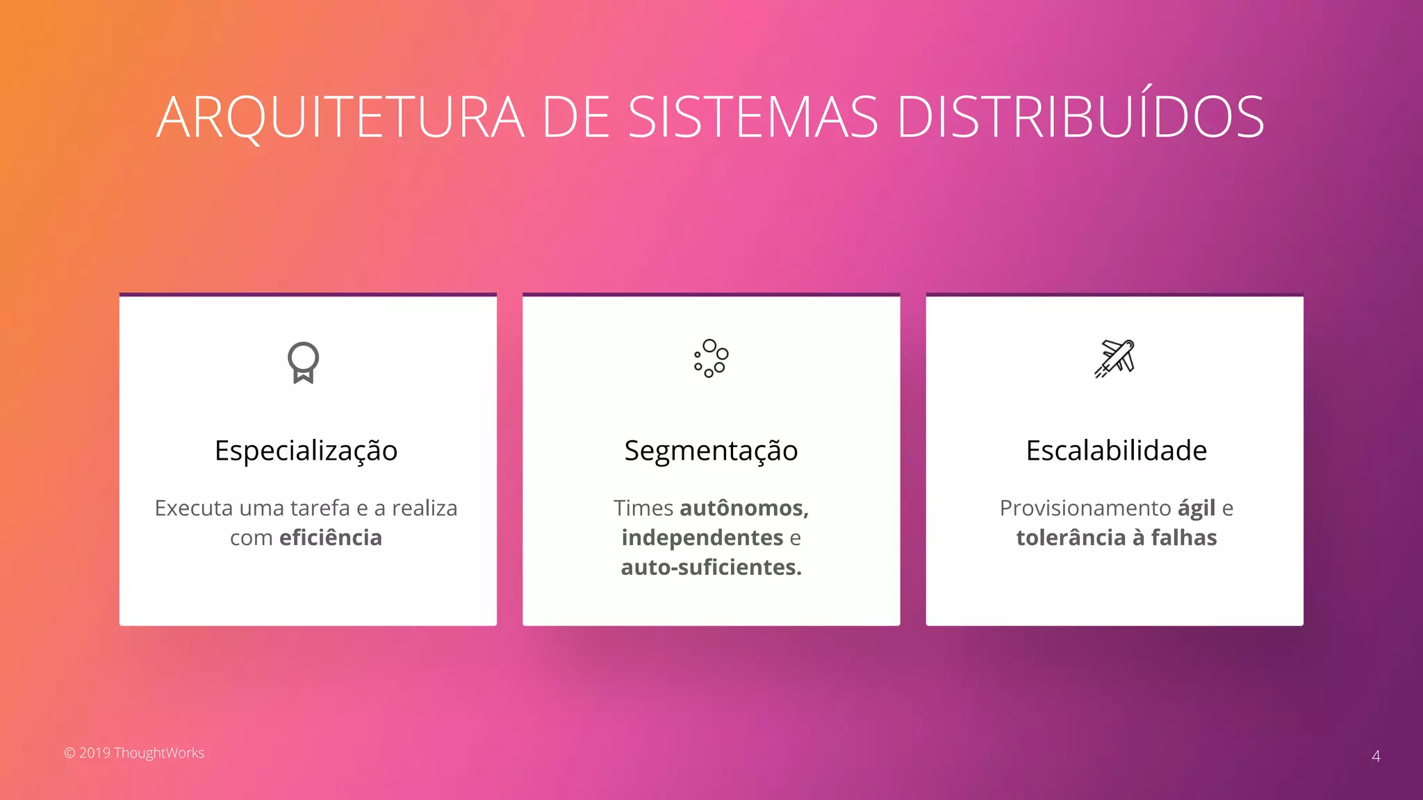 ARQUITETURA DE SISTEMAS DISTRIBUÍDOS
Executa uma tarefa e a realiza
com eﬁciência
Especialização
4
Times autônomos,
independentes e
auto-suﬁcientes.
Segmentação
Provisionamento ágil e
tolerância à falhas
Escalabilidade
© 2019 ThoughtWorks
 