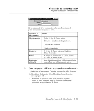 Colocación de elementos en 2D
                                Proyectar punto activo sobre elemento




Sirve para construir el punto activo sobre un elemento en el
punto más cercano al punto de datos.

 Ajuste de la      Efecto
 herramienta
 Tipo de punto        Define el tipo de Punto activo:
                      Elemento—Una línea de longitud cero.

                      Carácter—Un carácter.

                      Célula—Una célula.
 Carácter             Si el tipo de Punto activo es Carácter,
                      define el carácter.
 Célula               Si el tipo de punto activo es Célula, define
                      la Célula de punto activo.
 Examinar             Abre el cuadro de diálogo Biblioteca de células
 célula(s)            para definir una célula de punto activo.



Para proyectar el Punto activo sobre un elemento:
 1. Seleccione la herramienta Proyectar punto activo sobre elemento.
 2. Identifique el elemento. Véase Identificación de elementos
    (vease página 4-2) .
 3. Introduzca un punto de datos para proyectar el punto
    activo, es decir, colóquelo sobre el elemento situado en el
    punto más cercano al punto de datos.




                         Manual del usuario de MicroStation          3–63
 