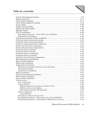 Tabla de contenido

  Caja de herramientas Grupos . . . . . . . . . . . . . . . . . . . . . . . . . . . . . . . . . . . . . . . . . . . . . 8–9
  Separar elemento . . . . . . . . . . . . . . . . . . . . . . . . . . . . . . . . . . . . . . . . . . . . . . . . . . . . . 8–11
  Crear cadena compleja . . . . . . . . . . . . . . . . . . . . . . . . . . . . . . . . . . . . . . . . . . . . . . . . . 8–13
  Crear forma poligonal compleja . . . . . . . . . . . . . . . . . . . . . . . . . . . . . . . . . . . . . . . . . . 8–16
  Crear región . . . . . . . . . . . . . . . . . . . . . . . . . . . . . . . . . . . . . . . . . . . . . . . . . . . . . . . . . . 8–20
  Añadir a grupo gráfico . . . . . . . . . . . . . . . . . . . . . . . . . . . . . . . . . . . . . . . . . . . . . . . . . 8–25
  Separar de grupo gráfico . . . . . . . . . . . . . . . . . . . . . . . . . . . . . . . . . . . . . . . . . . . . . . . . 8–26
  Agrupar huecos . . . . . . . . . . . . . . . . . . . . . . . . . . . . . . . . . . . . . . . . . . . . . . . . . . . . . . . 8–28
  Uso de multilíneas . . . . . . . . . . . . . . . . . . . . . . . . . . . . . . . . . . . . . . . . . . . . . . . . . . . . . 8–29
    Procedimiento general — Para definir una multilínea: . . . . . . . . . . . . . . . . . . . . . . . . . 8–31
    Separación de multilíneas . . . . . . . . . . . . . . . . . . . . . . . . . . . . . . . . . . . . . . . . . . . . . . . . 8–35
  Caja de herramientas Juntas multilínea ...................................................................... 8–36
  Construir junta transversal cerrada . . . . . . . . . . . . . . . . . . . . . . . . . . . . . . . . . . . . . . 8–39
  Construir junta transversal abierta . . . . . . . . . . . . . . . . . . . . . . . . . . . . . . . . . . . . . . . 8–40
  Construir junta transversal combinada . . . . . . . . . . . . . . . . . . . . . . . . . . . . . . . . . . . . 8–41
  Cortar una sola línea componente . . . . . . . . . . . . . . . . . . . . . . . . . . . . . . . . . . . . . . . . 8–42
  Cortar todas las líneas componentes . . . . . . . . . . . . . . . . . . . . . . . . . . . . . . . . . . . . . . 8–43
  Construir junta T cerrada . . . . . . . . . . . . . . . . . . . . . . . . . . . . . . . . . . . . . . . . . . . . . . . 8–44
  Construir junta T abierta . . . . . . . . . . . . . . . . . . . . . . . . . . . . . . . . . . . . . . . . . . . . . . . 8–45
  Construir junta T combinada . . . . . . . . . . . . . . . . . . . . . . . . . . . . . . . . . . . . . . . . . . . . 8–46
  Construir junta en esquina . . . . . . . . . . . . . . . . . . . . . . . . . . . . . . . . . . . . . . . . . . . . . . 8–47
  Cancelar corte de líneas componentes . . . . . . . . . . . . . . . . . . . . . . . . . . . . . . . . . . . . . 8–48
  Borrado parcial de multilínea . . . . . . . . . . . . . . . . . . . . . . . . . . . . . . . . . . . . . . . . . . . . 8–49
  Mover perfil multilínea . . . . . . . . . . . . . . . . . . . . . . . . . . . . . . . . . . . . . . . . . . . . . . . . . 8–51
  Editar tapa multilínea . . . . . . . . . . . . . . . . . . . . . . . . . . . . . . . . . . . . . . . . . . . . . . . . . 8–53
  Asociación de elementos . . . . . . . . . . . . . . . . . . . . . . . . . . . . . . . . . . . . . . . . . . . . . . . . 8–54
    Elementos que pueden asociarse a otros elementos . . . . . . . . . . . . . . . . . . . . . . . . . . . . 8–55
    Asociación de células . . . . . . . . . . . . . . . . . . . . . . . . . . . . . . . . . . . . . . . . . . . . . . . . . . . . 8–55
    Asociación de multilíneas . . . . . . . . . . . . . . . . . . . . . . . . . . . . . . . . . . . . . . . . . . . . . . . . 8–56
  Dibujo isométrico . . . . . . . . . . . . . . . . . . . . . . . . . . . . . . . . . . . . . . . . . . . . . . . . . . . . . . 8–57
  Caja de herramientas Isométrico . . . . . . . . . . . . . . . . . . . . . . . . . . . . . . . . . . . . . . . . . 8–59
  Poner bloque isométrico . . . . . . . . . . . . . . . . . . . . . . . . . . . . . . . . . . . . . . . . . . . . . . . . 8–59
  Poner círculo isométrico . . . . . . . . . . . . . . . . . . . . . . . . . . . . . . . . . . . . . . . . . . . . . . . . 8–61
  Uso de curvas . . . . . . . . . . . . . . . . . . . . . . . . . . . . . . . . . . . . . . . . . . . . . . . . . . . . . . . . . 8–63
    Curvas de puntos . . . . . . . . . . . . . . . . . . . . . . . . . . . . . . . . . . . . . . . . . . . . . . . . . . . . . . . 8–64
    Curvas B-spline . . . . . . . . . . . . . . . . . . . . . . . . . . . . . . . . . . . . . . . . . . . . . . . . . . . . . . . . 8–65
       Métodos mediante los cuales se calcula la curva . . . . . . . . . . . . . . . . . . . . . . . . . . . . 8–65
       Atributos de la curva B-spline . . . . . . . . . . . . . . . . . . . . . . . . . . . . . . . . . . . . . . . . . . 8–68
       Herramientas B-spline 2D especiales . . . . . . . . . . . . . . . . . . . . . . . . . . . . . . . . . . . . . 8–70
    Curvas compuestas . . . . . . . . . . . . . . . . . . . . . . . . . . . . . . . . . . . . . . . . . . . . . . . . . . . . . 8–71
       Curvas Béezier . . . . . . . . . . . . . . . . . . . . . . . . . . . . . . . . . . . . . . . . . . . . . . . . . . . . . . . 8–71
    Creación de cualquier tipo de curva . . . . . . . . . . . . . . . . . . . . . . . . . . . . . . . . . . . . . . . . 8–72
    Procedimiento general — Para poner una curva predefinida: . . . . . . . . . . . . . . . . . . . . 8–72
    Procedimiento general — Para definir la fórmula de una curva: . . . . . . . . . . . . . . . . . 8–74


                                                                         Manual del usuario de MicroStation                         vii
 