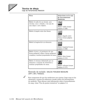 Técnica de dibujo
               Caja de herramientas Medición


                        Para                                        Seleccione en la caja
                                                                    de herramientas
                                                                    Medición
                        Medir el radio de un círculo, arco
                        circular, cono o cilindro, o los ejes de
                        una elipse o arco elíptico.
                                                                    Medir radio (vease
                                                                    página 4-108)
                        Medir el ángulo entre dos líneas.


                                                                    Medir ángulo entre
                                                                    líneas (vease página
                                                                    4-109)
                        Medir la longitud de un elemento.


                                                                    Medir longitud (vease
                                                                    página 4-109)
                        Medir el área y el perímetro de una
                        forma poligonal, elipse o forma poligonal
                        compleja y analizar propiedades de masa.
                                                                    Medir área (vease
                                                                    página 4-111)
                        Medir el volumen delimitado por un
                        elemento o conjunto de elementos y
                        analizar propiedades de masa.
                                                                    Medir volumen (vease
                                                                    página 4-117)


                       Entrada de teclado:          DIALOG TOOLBOX MEASURE
                       [OFF | ON | TOGGLE]

                       Para asegurarse de que las mediciones son exactas, haga snap en los
                       elementos y puntos de referencia cuando utilice las herramientas
                       de medición. Para obtener más información sobre el procedimiento
                       de snap, véase “Uso de puntos tentativos” en página 4-4.




4–104   Manual del usuario de MicroStation
 