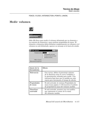 Técnica de dibujo
                                                                  Medir volumen

            FENCE | FLOOD | INTERSECTION | POINTS | UNION]



Medir volumen




            (Sólo 3D) Sirve para medir el volumen delimitado por un elemento o
            un conjunto de elementos y para analizar propiedades de masa. El
            elemento o elementos deben delimitar completamente un volumen; si el
            volumen no está delimitado, aparece un mensaje en la barra de estado.




             Ajuste de la     Efecto
             herramienta
             Tolerancia          Con curvas, define el porcentaje máximo
                                 de la distancia entre la curva verdadera y
                                 la aproximación utilizada para medir. Una
                                 tolerancia baja hace que la medida sea más
                                 exacta pero incrementa el tiempo de cálculo.
             Propiedades         Si está activado, la ventana Propiedades de
             de masa             masa (vease página 4-118) muestra el análisis
                                 de propiedad de masa del volumen medido.
             Visualizar          Si está activado, muestra una cruz gráfica
             centroide           que representa el centro de la masa
                                 del elemento medido.




                                   Manual del usuario de MicroStation      4–117
 