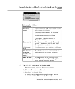 Herramientas de modificación y manipulación de elementos
                                                                   Simetría




     Ajuste de la      Efecto
     herramienta
     Simetría             Define la dirección en la que se crea la simetría
     según                del elemento (o elementos):
                          Horizontal—simetría según eje horizontal

                          Vertical—simetría según eje vertical

                          Línea—sobre una línea definida por
                          dos puntos de datos.
     Hacer copia          Si está activado, el elemento (o elementos)
                          se copia y se crea una simetría de la copia.
                          El original no se manipula.
     Simetría de          Si está activado, se crea una simetría del texto.
     texto
     Simetría de          Si está activado, se crea una simetría de los
     desplaza-            desplazamientos del contorno multilínea.
     mientos mul-
     tilínea
     Usar cercado         Si está activado, se crea una simetría del
                          contenido del cercado. El menú de opciones
                          define el Modo (Selección) cercado.



     Para crear simetrías de elementos:
      1. Seleccione o ponga cercado al elemento o elementos.
      2. Seleccione la herramienta Simetría.
      3. Introduzca un punto de datos.
        Si Simetría según está definido como Horizontal o Vertical,
        se crea una simetría del elemento (o elementos).


                             Manual del usuario de MicroStation          5–53
 