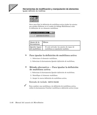 Herramientas de modificación y manipulación de elementos
               Igualar definición de multilínea




                        Sirve para fijar la definición de multilínea activa (todos los ajustes
                        que pueden definirse en el cuadro de diálogo Multilíneas) como
                        la definición de un elemento multilínea.




                         Ajuste de la       Efecto
                         herramienta
                         Igualar tapas         Si está activado, los ajustes de tapas de
                         de multilínea         multilínea se igualarán también.



                        Para igualar la definición de multilínea activa
                         1. Seleccione el elemento multilínea.
                         2. Seleccione la herramienta Igualar definición de multilínea.


                        Método alternativo — Para igualar la definición
                        de multilínea activa
                         1. Seleccione la herramienta Igualar definición de multilínea.
                         2. Identifique el elemento multilínea.
                         3. Acepte la nueva definición de multilínea activa.

                        Entrada de teclado:          MATCH MLINE

                        Para cambiar una multilínea a la definición de multilínea activa,
                        utilice la herramienta Cambiar multilínea a definición activa (vease




5–80   Manual del usuario de MicroStation
 