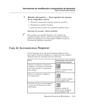 Herramientas de modificación y manipulación de elementos
                                                        Caja de herramientas Separar



              Método alternativo — Para igualar los ajustes
              de la superficie activa
               1. Seleccione la herramienta Igualar ajustes de superficie.
               2. Identifique la superficie B-spline.
               3. Acepte los nuevos ajustes de la superficie B-spline activa.

             Entrada de teclado:        MATCH SURFACE

             Para cambiar una superficie B-spline a los atributos de
             superficie B-spline activos, utilice la herramienta Cambiar a
             ajustes de superficie activa (vease página 9-209) de la caja de
             herramientas Modificar superficies.




Caja de herramientas Separar
             Las herramientas de la caja de herramientas Separar sirven
             para separar elementos complejos en componentes más simples y
             eliminar puntos de asociación entre los elementos.

              Para                                       Seleccionar en la caja de
                                                         herramientas Separar
              Separar un elemento (o elementos)
              complejo o un elemento (o elementos)
              de un tipo especial en componentes
              más simples.                               Separar elemento (vease
                                                         página 8-11) 1
              Separar un elemento complejo en
              sus componentes.

                                                         Separar estado complejo
                                                         (vease página 5-87)
              Convertir una línea o forma poligonal
              en una serie de elementos de línea
              individuales.
                                                         Separar estado de
                                                         línea/forma poligonal
                                                         (vease página 5-88)


                                       Manual del usuario de MicroStation        5–85
 