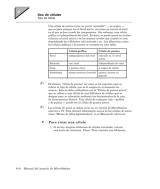 Uso de células
                Tipo de célula


                        Una célula de puntos tiene un punto “ajustable” — su origen —
                        que se pone siempre en el Nivel activo, sin tener en cuenta el nivel
                        en el que se han creado los componentes. Sin embargo, una célula
                        gráfica es independiente del nivel. Es decir, se puede poner en niveles
                        relativos al nivel activo o en los mismos niveles que cuando se creó,
                        dependiendo de si Relativo está activado o no. Las diferencias entre
                        las células gráficas y de puntos se resumen en esta tabla:

                                         Célula gráfica               Célula de puntos
                         Nivel           independiente del nivel      colocado en el nivel
                                                                      activo
                         Rotación        con vista                    independiente de vista
                         Snap            a puntos clave               a origen de célula
                         Simbología      ajustes activos al crearlo   ajustes activos al
                                                                      ponerlo


                        El término “célula de puntos” tal como se ha expuesto aquí se
                        refiere al tipo de célula, que se le asigna en el momento de
                        crearse. Esto no debe confundirse con la “Célula de puntos activa”,
                        que se refiere a una célula de una biblioteca de células que se
                        designa para su colocación mediante las herramientas de la caja
                        de herramientas Puntos. Una célula de cualquier tipo —gráfica
                        o de puntos — puede ser la célula de puntos activa.

                        Las células de menú se deben crear en un versión de MicroStation
                        anterior a V8. Para obtener información acerca de las células de menú,
                        véase “Menús de tabla digitalizadora” en el Manual de referencia.


                        Para crear una célula
                          1. Si no hay ninguna biblioteca de células vinculada, vincule
                             una antes de continuar. Véase “Para vincular una biblioteca




6–8   Manual del usuario de MicroStation
 