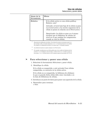 Uso de células
                                                                        Seleccionar y poner célula


Ajuste de la                 Efecto
herramienta
Relativo                          Si la célula activa es una célula gráficay
                                  Relativo está:2
                                  Activado—el nivel más bajo de la célula se pone
                                  en el nivel activo y los niveles superiores de la
                                  célula se ponen en relación con el Nivel activo.3

                                  Desactivado—la célula se pone en el mismo
                                  nivel(es) que la biblioteca de células (el
                                  nivel en el que estaban los componentes
                                  cuando se creó la célula).
 1
      Dirección de la definición de células. Si un factor de escala se encuentra entre 0 y 1
     (por ejemplo, 0,25), el tamaño disminuye; si es 1, el tamaño permanece sin cambios
     con respecto a la definición de célula; si es mayor que 1, el tamaño aumenta.

 2
      Las células de puntos se ponen siempre en el Nivel activo

 3
      Por ejemplo, consideremos una célula gráfica que se ha creado con elementos de los
     niveles 5, 7 y 8. Si Relativo está activado y el Nivel activo es 1, la célula se pone en
     los niveles 1, 3 y 4. Si Nivel activo es 45, la célula se pone en los niveles 45, 47 y 48.




Para seleccionar y poner una célula
1. Seleccione la herramienta Seleccionar y poner célula.
2. Identifique la célula.
     Si la célula es compartida y está activada Usar células
     compartidas, se convierte en la célula activa.
     Si la célula no es compartida, la biblioteca de célulasen
     la que se guarda dicha célula debe estar vinculada o en
     la lista de bibliotecas de células.
3. Introduzca un punto de datos para poner una aparición de la célula.
4. Reinicialice para terminar.
   o bien




                                      Manual del usuario de MicroStation                          6–23
 