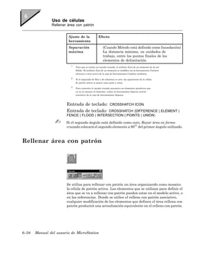 Uso de células
               Rellenar área con patrón


                        Ajuste de la                Efecto
                        herramienta
                        Separación                       (Cuando Método está definido como Inundación)
                        máxima                           La distancia máxima, en unidades de
                                                         trabajo, entre los puntos finales de los
                                                         elementos de delimitación.
                          1
                              Para que se realice un rayado cruzado, el atributo Área de un elemento ha de ser
                              Sólido. El atributo Área de un elemento se modifica con la herramienta Cambiar
                              elemento a área activa de la caja de herramientas Cambiar atributos.

                          2
                              Si el espaciado de filas o de columnas es cero, las apariciones de la célula
                              de patrón activa se ponen unas junto a otras.

                          3
                              Para convertir el rayado cruzado asociativo en elementos primitivos que
                              ya no se asocian al elemento, utilice la herramienta Separar patrón
                              asociativo de la caja de herramientas Separar.



                       Entrada de teclado:                     CROSSHATCH ICON
                       Entrada de teclado:  CROSSHATCH 〈DIFFERENCE | ELEMENT |
                       FENCE | FLOOD | INTERSECTION | POINTS | UNION〉

                       Si el segundo ángulo está definido como cero, Rayar área en forma
                       cruzada colocará el segundo elemento a 90 del primer ángulo utilizado.



Rellenar área con patrón




                       Se utiliza para rellenar con patrón un área organizando como mosaico
                       la célula de patrón activa. Los elementos que se utilizan para definir el
                       área que se va a rellenar con patrón pueden estar en el modelo activo, o
                       en las referencias. Donde se utilice el relleno con patrón asociativo,
                       cualquier modificación de los elementos que definen el área rellena con
                       patrón producirá una actualización equivalente en el relleno con patrón.




6–58   Manual del usuario de MicroStation
 