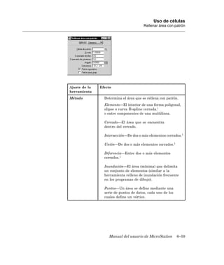Uso de células
                                        Rellenar área con patrón




Ajuste de la   Efecto
herramienta
Método           Determina el área que se rellena con patrón.
                 Elemento—El interior de una forma poligonal,
                 elipse o curva B-spline cerrada.1
                 o entre componentes de una multilínea.

                 Cercado—El área que se encuentra
                 dentro del cercado.

                 Intersección—De dos o más elementos cerrados.1

                 Unión—De dos o más elementos cerrados.1

                 Diferencia—Entre dos o más elementos
                 cerrados.1

                 Inundación—El área (mínima) que delimita
                 un conjunto de elementos (similar a la
                 herramienta relleno de inundación frecuente
                 en los programas de dibujo).

                 Puntos—Un área se define mediante una
                 serie de puntos de datos, cada uno de los
                 cuales define un vértice.




                   Manual del usuario de MicroStation        6–59
 