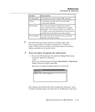 Referencias
                                              Vinculación de referencias


 Estado           Descripción
 No disponible    La referencia no tiene ningún URL asociado.
 Actual           La referencia remota tiene la misma fecha
                  o una fecha anterior.
 Desconocido      No se ha encontrado la referencia remota o
                  bien la última fecha de modificación no estaba
                  disponible. Por lo general, indica que el URL no
                  es válido, o que se ha producido un error de red al
                  establecerse la conexión con el sitio remoto.
 Sin actualizar   La copia local de la referencia tiene una fecha
                  anterior a la copia remota.


Las referencias que tienen más de un nombre lógico sólo
tienen una entrada en el agente de referencia. Cuando se
carga el URL remoto asociado se actualizan todas las entradas
lógicas asociadas con el archivo local.


Para acceder al agente de referencia
 1. En el menú Herramientas del cuadro de diálogo Referencias,
    seleccione Agente de referencia.
    o bien
    En la caja de herramientas E-Links (Herramientas > Engineering
    Links), seleccione Cargar AgenteRef.
    Aparecerá el cuadro de diálogo Agente de referencia.




Para obtener más información sobre el agente de referencia, véase
“Cuadro de diálogo Agente de referencia” en el Manual de referencia.




                         Manual del usuario de MicroStation             7–13
 