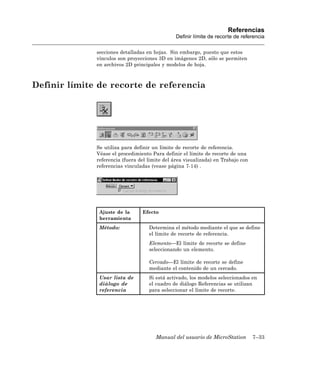 Referencias
                                                Definir límite de recorte de referencia

              secciones detalladas en hojas. Sin embargo, puesto que estos
              vínculos son proyecciones 3D en imágenes 2D, sólo se permiten
              en archivos 2D principales y modelos de hoja.



Definir límite de recorte de referencia




              Se utiliza para definir un límite de recorte de referencia.
              Véase el procedimiento Para definir el límite de recorte de una
              referencia (fuera del límite del área visualizada) en Trabajo con
              referencias vinculadas (vease página 7-14) .




               Ajuste de la      Efecto
               herramienta
               Método:              Determina el método mediante el que se define
                                    el límite de recorte de referencia.
                                    Elemento—El límite de recorte se define
                                    seleccionando un elemento.

                                    Cercado—El límite de recorte se define
                                    mediante el contenido de un cercado.
               Usar lista de        Si está activado, los modelos seleccionados en
               diálogo de           el cuadro de diálogo Referencias se utilizan
               referencia           para seleccionar el límite de recorte.




                                       Manual del usuario de MicroStation         7–33
 