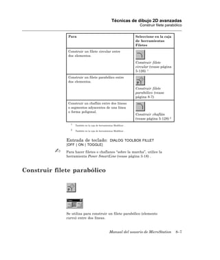 Técnicas de dibujo 2D avanzadas
                                                                       Construir filete parabólico


               Para                                                  Seleccione en la caja
                                                                     de herramientas
                                                                     Filetes
               Construir un filete circular entre
               dos elementos.

                                                                     Construir filete
                                                                     circular (vease página
                                                                     5-126) 1
               Construir un filete parabólico entre
               dos elementos.

                                                                     Construir filete
                                                                     parabólico (vease
                                                                     página 8-7)
               Construir un chaflán entre dos líneas
               o segmentos adyacentes de una línea
               o forma poligonal.
                                                                     Construir chaflán
                                                                     (vease página 5-128) 2
                1
                    También en la caja de herramientas Modificar .

                2
                    También en la caja de herramientas Modificar .



              Entrada de teclado:                   DIALOG TOOLBOX FILLET
              [OFF | ON | TOGGLE]

              Para hacer filetes o chaflanes “sobre la marcha”, utilice la
              herramienta Poner SmartLine (vease página 3-18) .



Construir filete parabólico




              Se utiliza para construir un filete parabólico (elemento
              curvo) entre dos líneas.



                                                   Manual del usuario de MicroStation         8–7
 