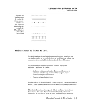 Colocación de elementos en 2D
                                                                              Estilo de línea


   Algunos de
 los ejemplos
 de estilos de
línea sumin-
   istrados en
  los espacios
de trabajo de
    ejemplo de
MicroStation
     (no deben
     escalarse)




 Modificadores de estilos de línea

                  Los Modificadores de estilo de línea o sustituciones permiten que
                  ciertas Entidades de un estilo de línea se modifiquen al colocar los
                  elementos sin necesidad de definir estilos de línea diferentes.


                  Los modificadores están disponibles para los siguientes
                  patrones y atributos de trazos:

                    •    Anchuras originales y finales. Estos modificadores se
                         aplican a cada trazo y pueden utilizarse para crear
                         elementos amplios o estrechos.
                    •    Cambio del patrón de trazos.


                  Además, existe un modificador del Factor de escala. Este modificador se
                  aplica a todos los valores de longitud de la definición de estilos de línea.


                  El estilo de línea también se puede definir mediante las opciones
                  Por célula o Por nivel. Si se selecciona Por célula, al colocar
                  una célula se utilizará el estilo de línea activo en lugar del estilo


                                              Manual del usuario de MicroStation          3–7
 