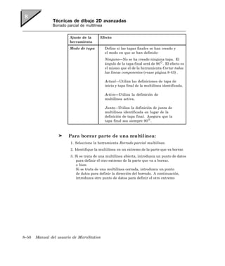 Técnicas de dibujo 2D avanzadas
               Borrado parcial de multilínea


                         Ajuste de la      Efecto
                         herramienta
                         Modo de tapa          Define si las tapas finales se han creado y
                                               el modo en que se han definido:
                                               Ninguno—No se ha creado ninguna tapa. El
                                               ángulo de la tapa final será de 90 . El efecto es
                                               el mismo que el de la herramienta Cortar todas
                                               las líneas componentes (vease página 8-43) .

                                               Actual—Utiliza las definiciones de tapa de
                                               inicio y tapa final de la multilínea identificada.

                                               Activo—Utiliza la definición de
                                               multilínea activa.

                                               Junta—Utiliza la definición de junta de
                                               multilínea identificada en lugar de la
                                               definición de tapa final. Asegura que la
                                               tapa final sea siempre 90 .



                        Para borrar parte de una multilínea:
                         1. Seleccione la herramienta Borrado parcial multilínea.
                         2. Identifique la multilínea en un extremo de la parte que va borrar.
                         3. Si se trata de una multilínea abierta, introduzca un punto de datos
                            para definir el otro extremo de la parte que va a borrar.
                            o bien
                            Si se trata de una multilínea cerrada, introduzca un punto
                            de datos para definir la dirección del borrado. A continuación,
                            introduzca otro punto de datos para definir el otro extremo




8–50   Manual del usuario de MicroStation
 