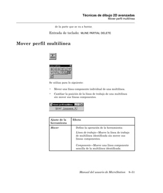 Técnicas de dibujo 2D avanzadas
                                                             Mover perfil multilínea

                 de la parte que se va a borrar.

             Entrada de teclado:       MLINE PARTIAL DELETE



Mover perfil multilínea




             Se utiliza para lo siguiente:

             •   Mover una línea componente individual de una multilínea.
             •   Cambiar la posición de la línea de trabajo de una multilínea
                 sin mover sus líneas componentes.




              Ajuste de la      Efecto
              herramienta
              Mover                Define la operación de la herramienta:
                                   Línea de trabajo—Mueve la línea de trabajo
                                   de multilínea identificada sin mover sus
                                   líneas componentes.

                                   Componente—Mueve una línea componente
                                   sencilla de la multilínea identificada.




                                      Manual del usuario de MicroStation        8–51
 