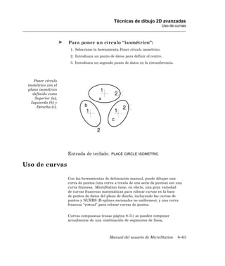 Técnicas de dibujo 2D avanzadas
                                                                               Uso de curvas



                     Para poner un círculo “isométrico”:
                      1. Seleccione la herramienta Poner círculo isométrico.
                      2. Introduzca un punto de datos para definir el centro.
                      3. Introduzca un segundo punto de datos en la circunferencia.




     Poner círculo
 isométrico con el
 plano isométrico
    definido como
     Superior (a),
   Izquierda (b) y
      Derecha (c).




                     Entrada de teclado:      PLACE CIRCLE ISOMETRIC


Uso de curvas

                     Con las herramientas de delineación manual, puede dibujar una
                     curva de puntos (una curva a través de una serie de puntos) con una
                     curva francesa. MicroStation tiene, en efecto, una gran variedad
                     de curvas francesas matemáticas para colocar curvas en la base
                     de puntos de datos del plano de diseño, incluyendo las curvas de
                     puntos y NURBS (B-splines racionales no uniformes), y una curva
                     francesa “virtual” para colocar curvas de puntos.


                     Curvas compuestas (vease página 8-71) se pueden componer
                     actualmente de una combinación de segmentos de línea,



                                             Manual del usuario de MicroStation        8–63
 