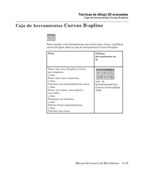Técnicas de dibujo 2D avanzadas
                                             Caja de herramientas Curvas B-spline


Caja de herramientas Curvas B-spline



            Para acceder a las herramientas que sirven para crear y modificar
            curvas B-spline abra la caja de herramientas Curvas B-spline.

             Para                                     Utilizar
                                                      herramientas en
                                                      la



             Poner una curva B-spline o Curva
             por tangentes,
             o bien
             Poner una curva compuesta,
             o bien                                   caja de
             Construir una interpolación por arcos,   herramientasCrear
             o bien                                   Curvas (vease página
             Poner una cónica, una espiral o          8-80)
             una hélice,
             o bien
             Desplazar un elemento,
             o bien
             Extraer líneas isoparamétricas,
             o bien
             Calcular una curva.




                                      Manual del usuario de MicroStation     8–79
 