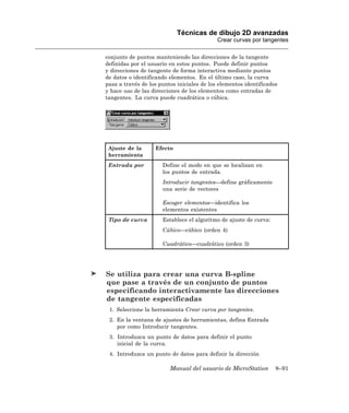 Técnicas de dibujo 2D avanzadas
                                            Crear curvas por tangentes

conjunto de puntos manteniendo las direcciones de la tangente
definidas por el usuario en estos puntos. Puede definir puntos
y direcciones de tangente de forma interactiva mediante puntos
de datos o identificando elementos. En el último caso, la curva
pasa a través de los puntos iniciales de los elementos identificados
y hace uso de las direcciones de los elementos como entradas de
tangentes. La curva puede cuadrática o cúbica.




 Ajuste de la      Efecto
 herramienta
 Entrada por          Define el modo en que se localizan en
                      los puntos de entrada.
                      Introducir tangentes—define gráficamente
                      una serie de vectores

                      Escoger elementos—identifica los
                      elementos existentes
 Tipo de curva        Establece el algoritmo de ajuste de curva:
                      Cúbico—cúbico (orden 4)

                      Cuadrático—cuadrático (orden 3)




Se utiliza para crear una curva B-spline
que pase a través de un conjunto de puntos
especificando interactivamente las direcciones
de tangente especificadas
 1. Seleccione la herramienta Crear curva por tangentes.
 2. En la ventana de ajustes de herramientas, defina Entrada
    por como Introducir tangentes.
 3. Introduzca un punto de datos para definir el punto
    inicial de la curva.
 4. Introduzca un punto de datos para definir la dirección

                         Manual del usuario de MicroStation        8–91
 