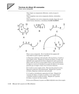 Técnicas de dibujo 2D avanzadas
               Poner curva compuesta


                            Para elegir un componente diferente, vuelva al paso 2.
                            o bien
                            Para completar una curva compuesta abierta, reinicialice.
                            o bien
                            Para completar una curva compuesta cerrada, haga clic en el
                            botón Cerrar elemento, o introduzca CLOSE ELEMENT.




                           Poner curva compuesta. En el sentido de las agujas del
                           reloj desde la parte superior izquierda:
                           A: Esquinas uniformes está activado. En la primera, el modo es
                           arcos según centro. Después de 3 puntos de datos, el modo está
                           definido como segmentos de línea, después de cuatro puntos de
                           datos vuelve de nuevo a arcos según centro y así sucesivamente.
                           La figura se cierra al introducir un punto de datos en la misma
                           posición que el origen o hacer clic en Cerrar elemento.
                           B: el modo es arcos según centro. Para los dos primeros arcos,
                           Esquinas uniformes está desactivado. Después de 5 puntos
                           de datos, Esquinas uniformes está activado.
                           C: el modo es inicialmente segmentos de línea. Después de
                           3 puntos de datos, el modo se cambia a arco según borde
                           y también cambia el estilo de línea. Después de 4 puntos
                           de datos, el grosor de línea cambia.
                           D: La curva Fibonacci se pone con Modo definido como Arcos según

8–96   Manual del usuario de MicroStation
 