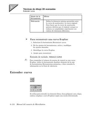 Técnicas de dibujo 2D avanzadas
               Extender curva


                        Ajuste de la       Efecto
                        herramienta
                        Tolerancia            Define la distancia máxima permitida entre
                                              la curva de sustitución y la curva original.
                                              Para hacer que la curva de sustitución
                                              parezca idéntica que el original, aunque se
                                              reduzca su complejidad, experimente con
                                              valores de tolerancia diferentes.




                        Para reconstruir una curva B-spline
                         1. Seleccione la herramienta Reconstruir curva.
                         2. En los ajustes de herramientas, active y modifique
                            los ajustes deseados.
                         3. Identifique la curva B-spline.
                         4. Acepte para reconstruir.

                       Entrada de teclado:          REBUILD CURVE

                       Para comprobar el número de puntos de control en una curva
                       B-spline, utilice la herramienta Analizar elemento de la caja
                       de herramientas Herramientas primarias, o bien consulta la
                       información en la Guía de referencia.



Extender curva




                       Se utiliza para extender un elemento (línea, línea poligonal, arco, elipse,
                       cadena compleja o curva B-spline) según una escala determinada.




8–124   Manual del usuario de MicroStation
 