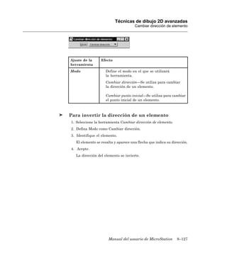 Técnicas de dibujo 2D avanzadas
                                      Cambiar dirección de elemento




Ajuste de la      Efecto
herramienta
Modo                 Define el modo en el que se utilizará
                     la herramienta.
                     Cambiar dirección—Se utiliza para cambiar
                     la dirección de un elemento.

                     Cambiar punto inicial—Se utiliza para cambiar
                     el punto inicial de un elemento.



Para invertir la dirección de un elemento
1. Seleccione la herramienta Cambiar dirección de elemento.
2. Defina Modo como Cambiar dirección.
3. Identifique el elemento.
   El elemento se resalta y aparece una flecha que indica su dirección.
4. Acepte.
   La dirección del elemento se invierte.




                      Manual del usuario de MicroStation        8–127
 