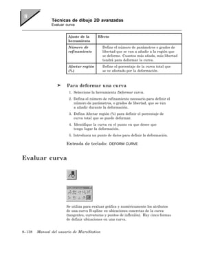 Técnicas de dibujo 2D avanzadas
               Evaluar curva


                        Ajuste de la      Efecto
                        herramienta
                        Número de            Define el número de parámetros o grados de
                        refinamiento         libertad que se van a añadir a la región que
                                             se deforme. Cuantos más añada, más libertad
                                             tendrá para deformar la curva.
                        Afectar región       Define el porcentaje de la curva total que
                        (%)                  se ve afectado por la deformación.



                        Para deformar una curva
                         1. Seleccione la herramienta Deformar curva.
                         2. Defina el número de refinamiento necesario para definir el
                            número de parámetros, o grados de libertad, que se van
                            a añadir durante la deformación.
                         3. Defina Afectar región (%) para definir el porcentaje de
                            curva total que se puede deformar.
                         4. Identifique la curva en el punto en que desee que
                            tenga lugar la deformación.
                         5. Introduzca un punto de datos para definir la deformación.

                       Entrada de teclado:         DEFORM CURVE



Evaluar curva




                       Se utiliza para evaluar gráfica y numéricamente los atributos
                       de una curva B-spline en ubicaciones concretas de la curva
                       (tangentes, curvaturas y puntos de inflexión). Hay cinco formas
                       de definir ubicaciones en una curva.


8–138   Manual del usuario de MicroStation
 